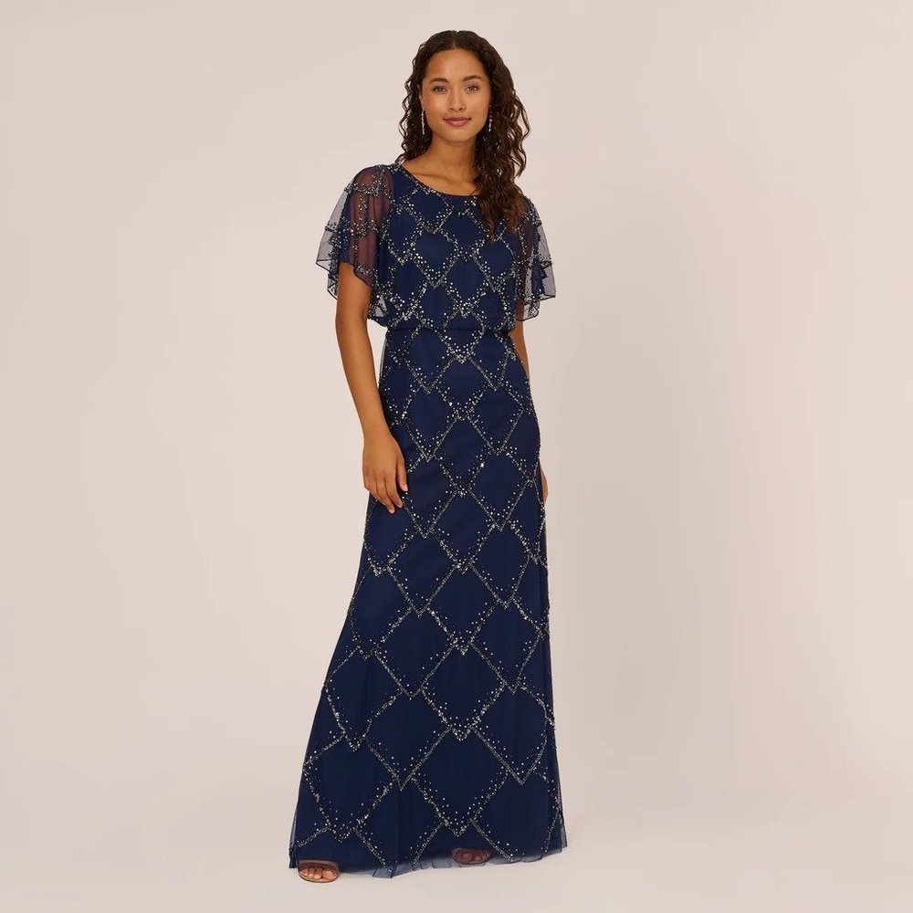 NWOT Adrianna Papell Evening Beaded Blouson Gown 8 M Light Navy
